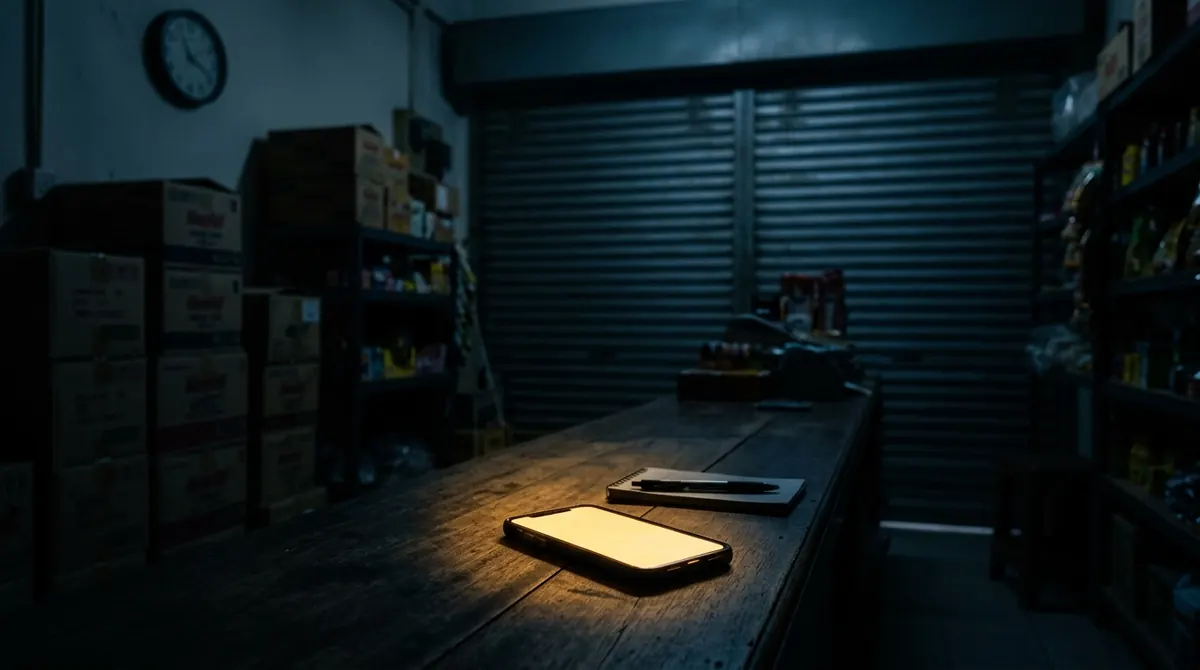 The inside of a small shop after closing, shutter down and lights off, with one phone glowing on the counter.