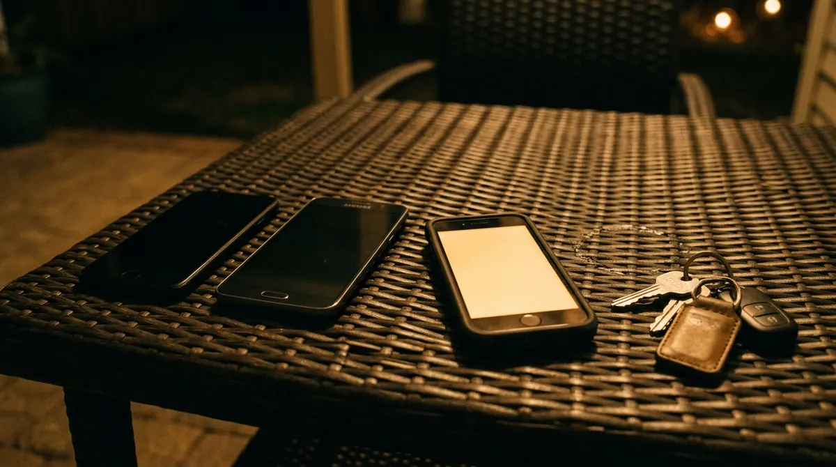Tiga telefon terlentang di atas meja gelap pada waktu malam; hanya satu skrin yang menyala.