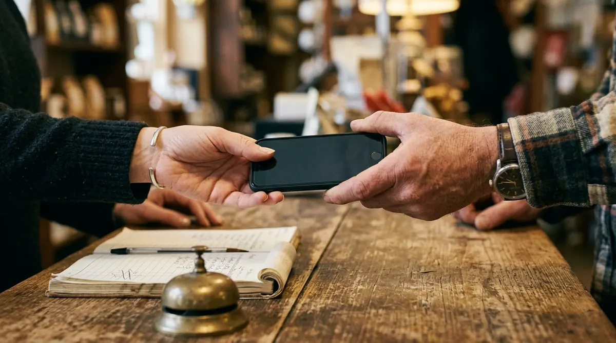 Dua tangan menghulurkan telefon merentasi kaunter kedai kayu yang lusuh, dirakam di tengah penyerahan.