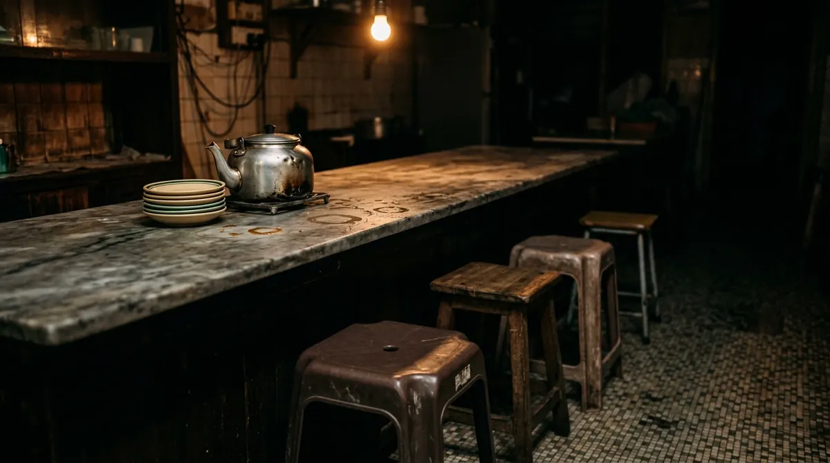 Empat bangku yang tidak sepadan ditarik ke kaunter kopitiam marmar yang kosong di bawah satu mentol kuning.