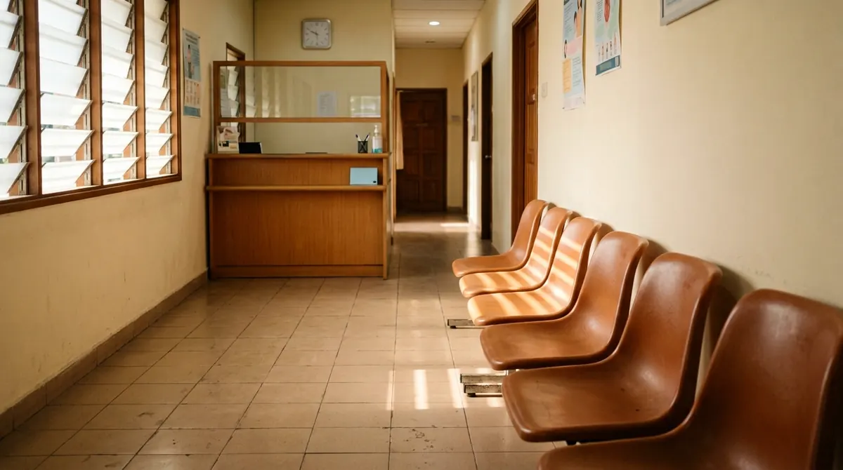 A row of empty moulded chairs in a clinic waiting area, daylight falling in bands across the floor.