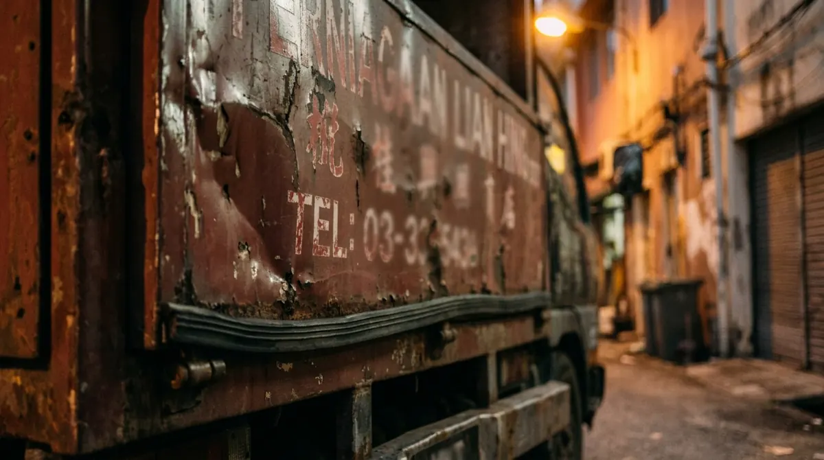 The weathered rear of a small delivery lorry at dusk, its hand-painted business name and phone number faded and peeling.