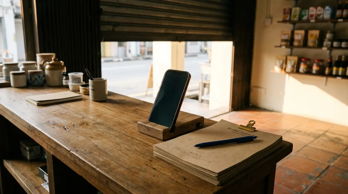 A shop counter in morning light, shutter half open, a phone propped in a wooden stand beside a stack of printed price sheets.